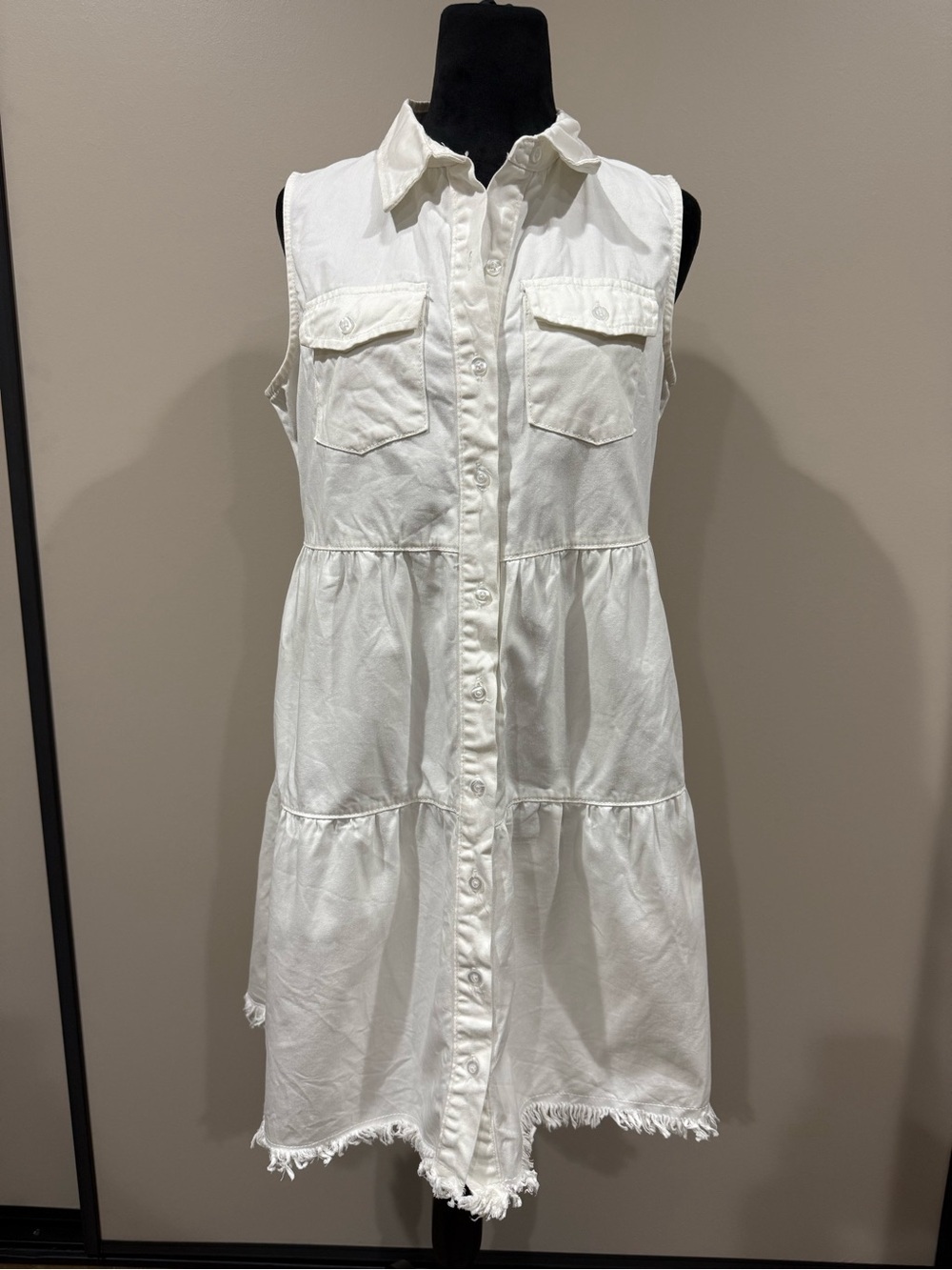 LUVAMIA White Denim Sleeveless Tiered Shirt Dress Frayed Hem